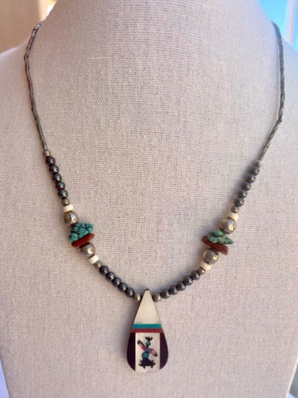 Southwest Style Inlay Drop Pendant Yei Necklace